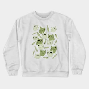 Strange green cats with black eyes and green fish Crewneck Sweatshirt